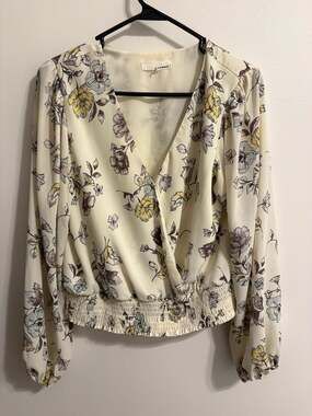 June & Hudson Floral Wrap V-Neck Smocked Waist Blouse Medium